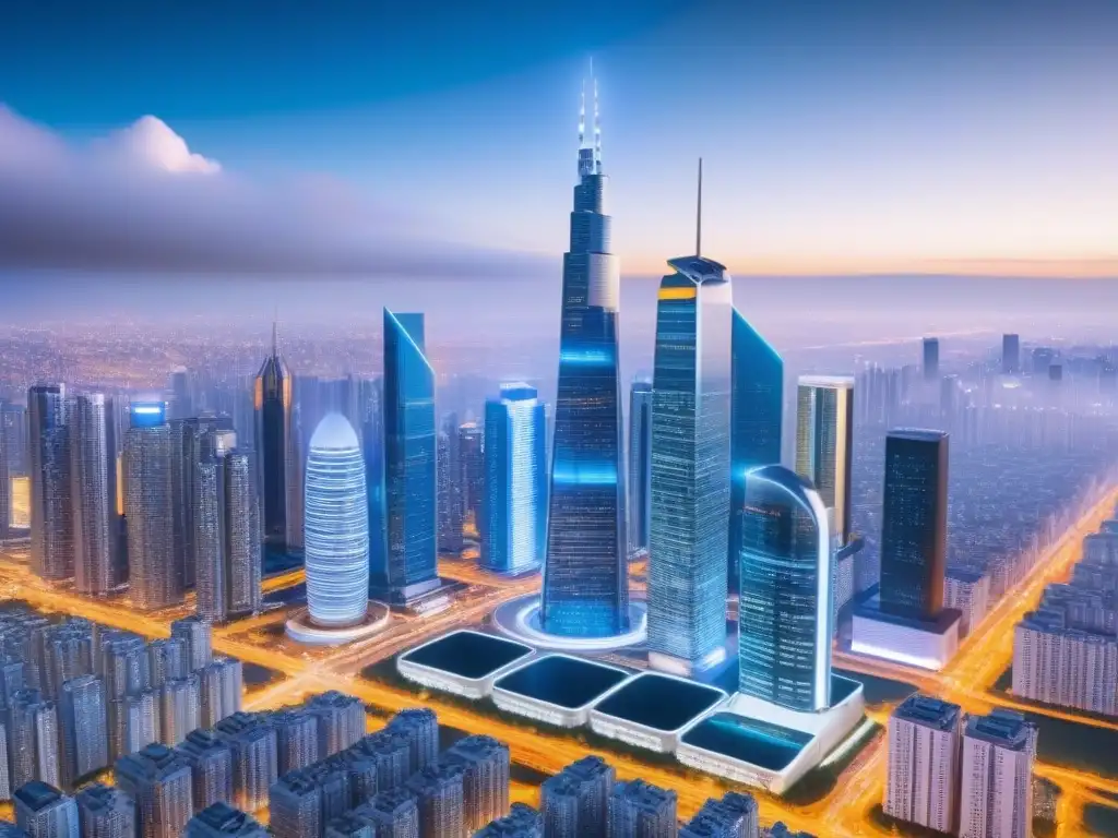 Metrópolis futurista: rascacielos blockchain Vista futurista de ciudad con rascacielos y tecnología blockchain en mercado inmobiliario