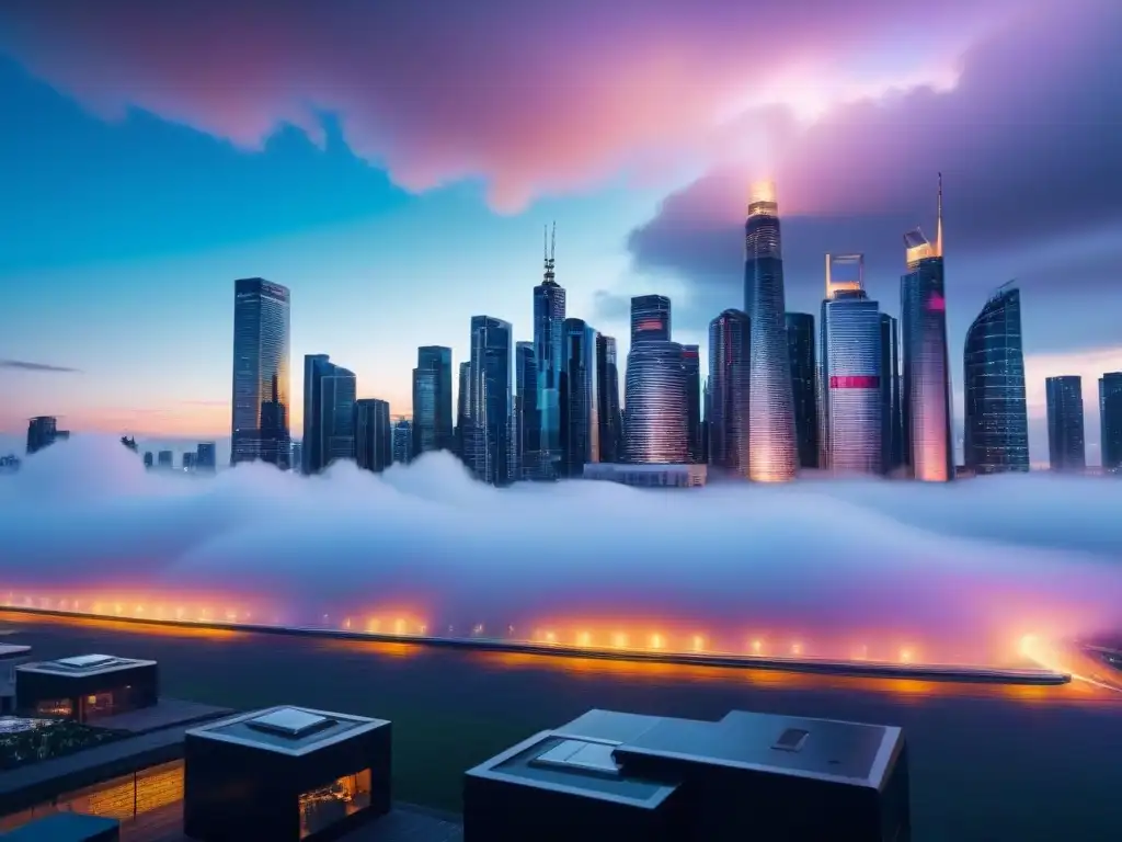 Metrópolis futurista en la noche: revolución en gestión inmobiliaria Vista futurista de la ciudad al anochecer, con rascacielos iluminados y edificios en forma de nubes