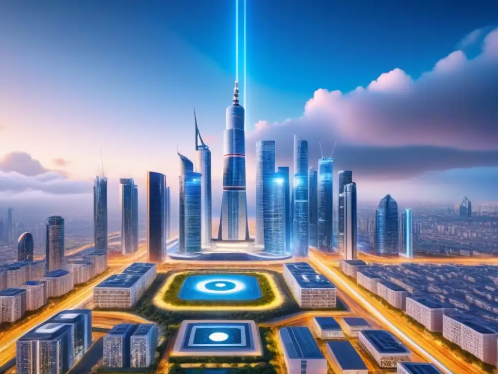 Metrópolis del futuro: rascacielos inteligentes y tecnología avanzada Vista futurista de una ciudad con rascacielos modernos y características de Inteligencia Artificial en Compra Inmobiliaria