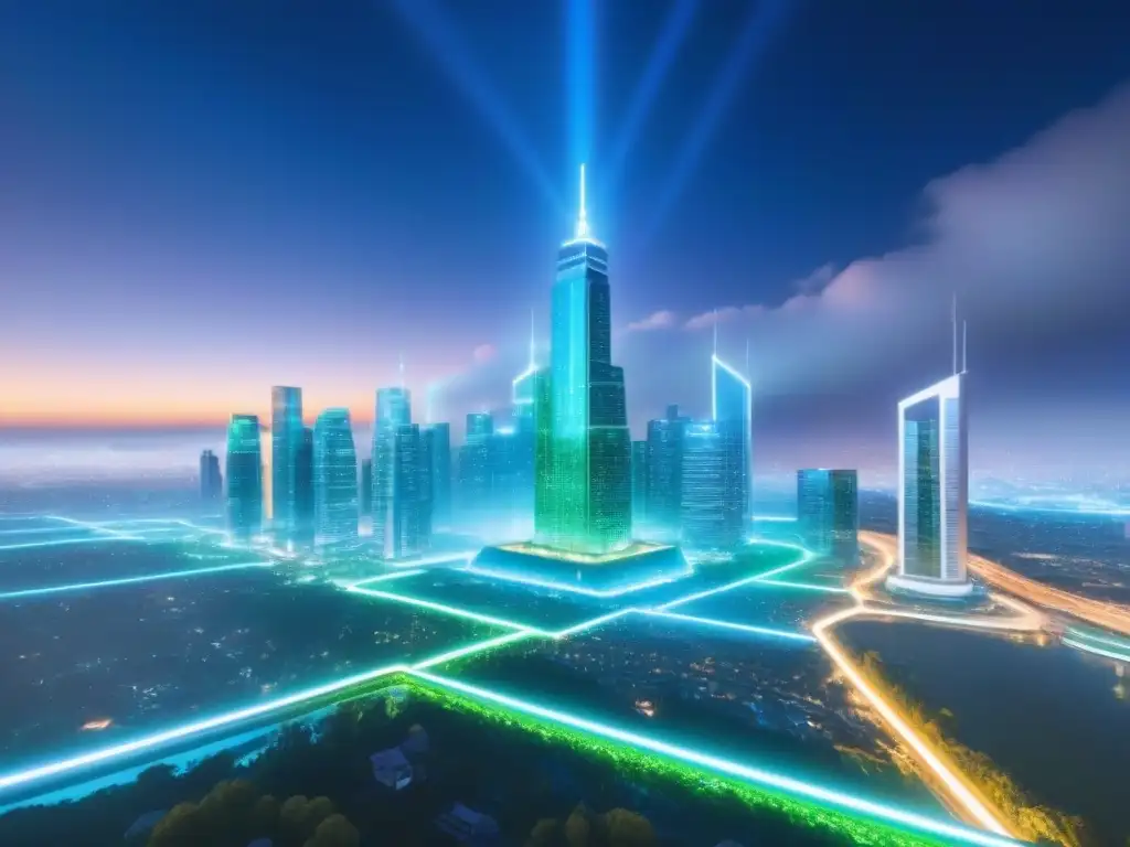Metrópolis futurista: blockchain en el horizonte Vista futurista de una ciudad con rascacielos transparentes y redes de datos brillantes, adornados con símbolos de contratos inteligentes
