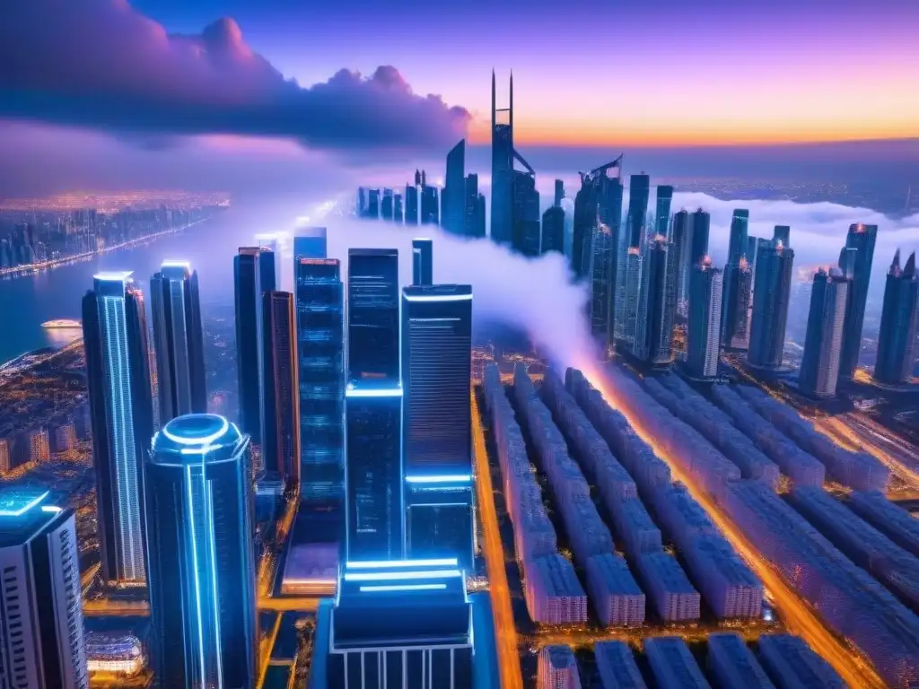 Metrópolis futurista: tecnología y real estate en armonía Vista futurista de una ciudad con rascacielos conectados por líneas digitales, iluminados con luces de neón, drones y hologramas en el cielo