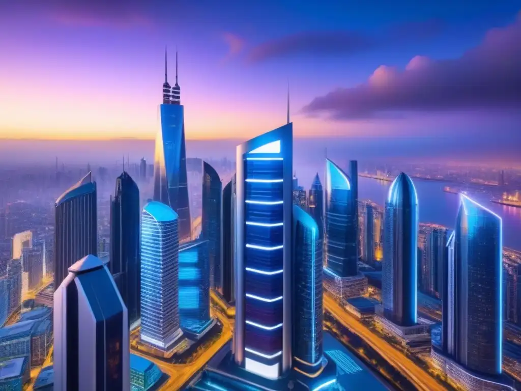 Metrópolis futurista: datos financieros en alta resolución Vista futurista de una ciudad con rascacielos y pantallas digitales mostrando datos financieros en tiempo real