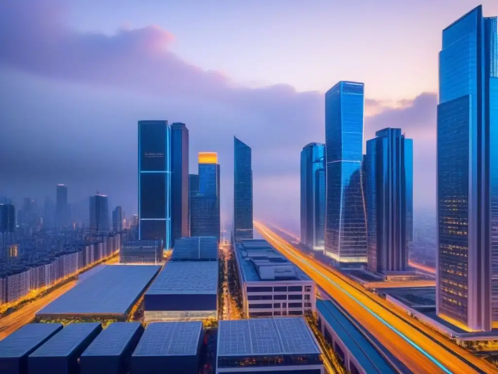 Metrópolis futurista: tecnología e innovación en la industria inmobiliaria Vista futurista de la ciudad al anochecer, con rascacielos brillantes e integración de transporte avanzado