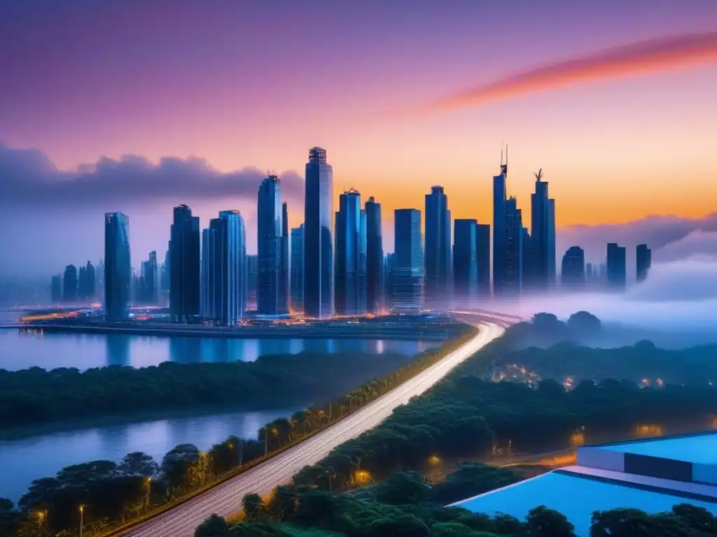 Metrópolis futurista: innovación en inversiones inmobiliarias Vista futurista de la ciudad al anochecer, con rascacielos elegantes y sistemas de transporte avanzados, reflejando el análisis predictivo en inversiones inmobiliarias
