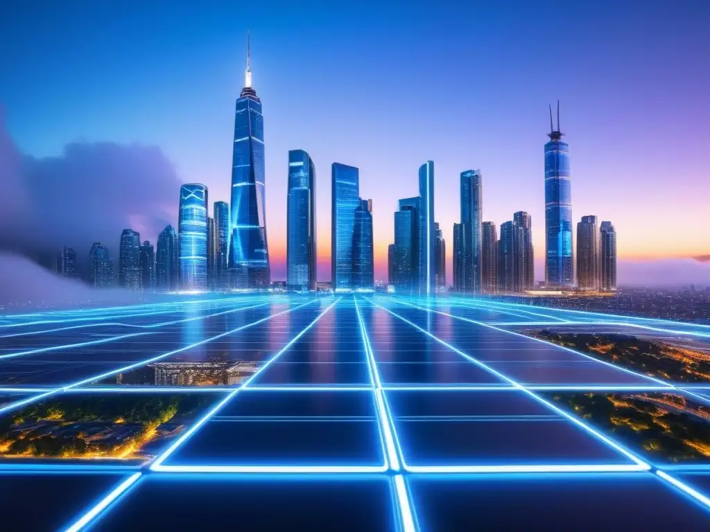 Metrópolis futurista: inversión inmobiliaria y Big Data Vista futurista de la ciudad con rascacielos y datos de inversiones inmobiliarias internacionales Big Data