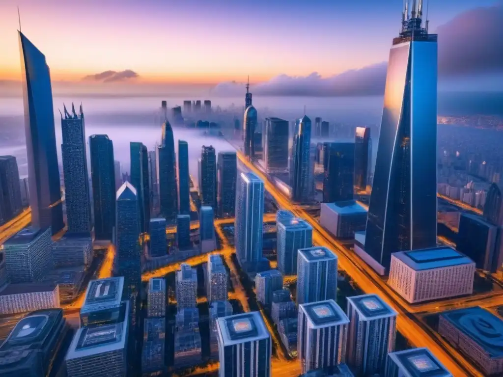 Vista futurista de la ciudad con rascacielos y tecnología blockchain, reflejando el futuro del crowdfunding inmobiliario