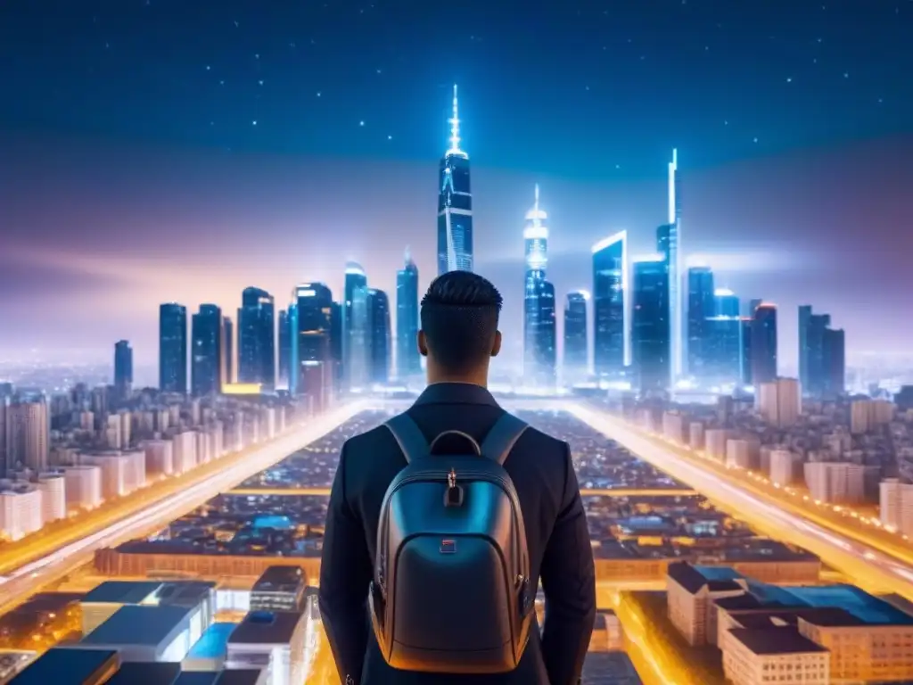 Metrópolis futurista: IA y Big Data en el mercado inmobiliario Vista futurista de una ciudad con rascacielos brillantes reflejando luces, integrando datos digitales
