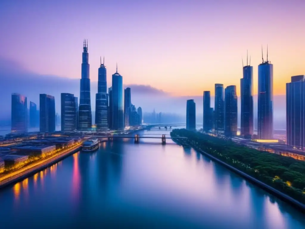 Metrópolis futurista: ciudad luminosa en 8k Vista futurista de una ciudad con rascacielos iluminados reflejándose en un río, ideal para plataformas de gestión inmobiliaria en la nube