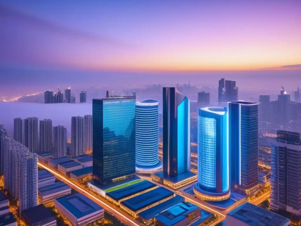 Oficina inmobiliaria AI: Ciudad futurista al anochecer Vista futurista de una ciudad al anochecer con rascacielos elegantes, luces de neón y una oficina de agencia inmobiliaria AI-powered