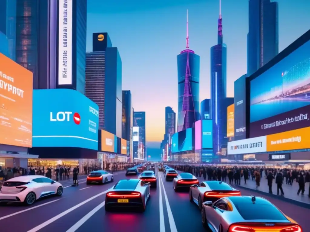 Metrópolis futurista: IoT y real estate en armonía Vista futurista de una ciudad al anochecer, con rascacielos iluminados y hologramas