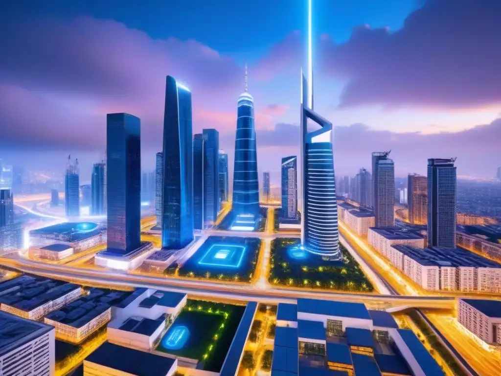 Metrópolis futurista: edificios inteligentes y conectados a IoT Vista futurista de la ciudad con rascacielos inteligentes conectados por tecnología IoT en mercado inmobiliario internacional