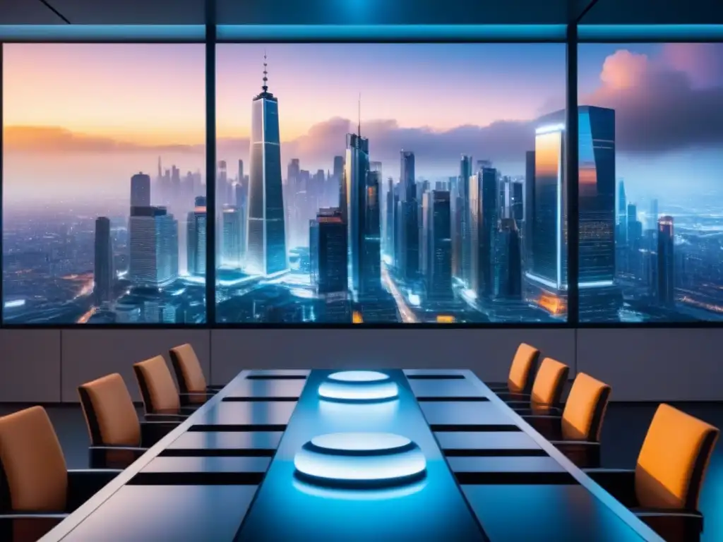 Metrópolis futurista: inversores y blockchain Vista futurista de la ciudad con rascacielos y carteles digitales, inversores discutiendo regulaciones blockchain mercado inmobiliario