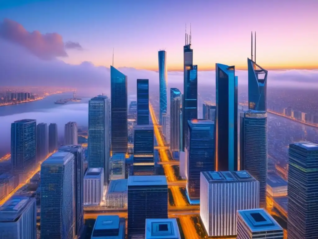 Metrópolis futurista con blockchain en seguros inmobiliarios Vista futurista de la ciudad al anochecer con rascacielos, drones y nodos blockchain, integrando Blockchain en seguros inmobiliarios internacionales
