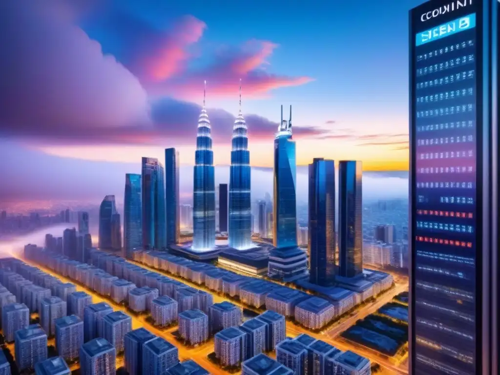 Metrópolis futurista: real estate internacional personalizado Vista futurista de la ciudad con rascacielos modernos y tecnología integrada, representando el Marketing inmobiliario internacional personalizado