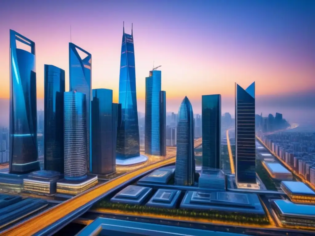 Metrópolis futurista: inversión inmobiliaria en REITs Vista futurista de la ciudad al anochecer con rascacielos brillantes y pantallas digitales mostrando datos financieros