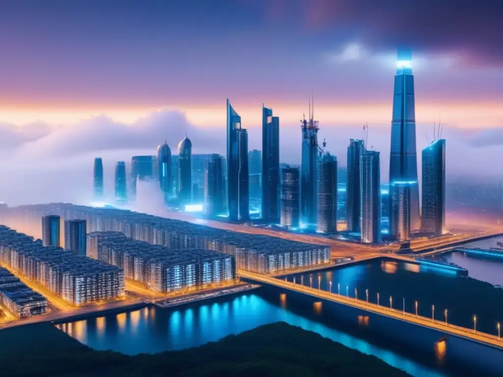 Horizonte futurista: rascacielos conectados por blockchain Vista futurista de ciudad con rascacielos interconectados por cadenas de blockchain en crowdfunding inmobiliario