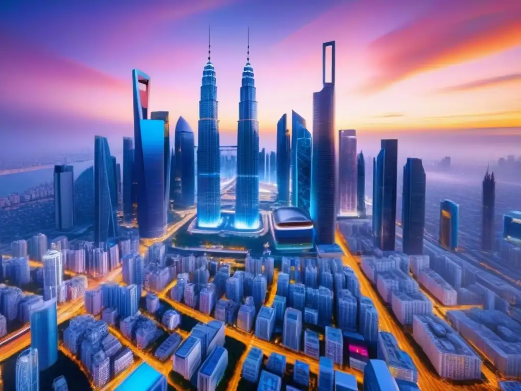 Vista futurista de una ciudad con rascacielos de vidrio y acero, reflejando colores del atardecer
