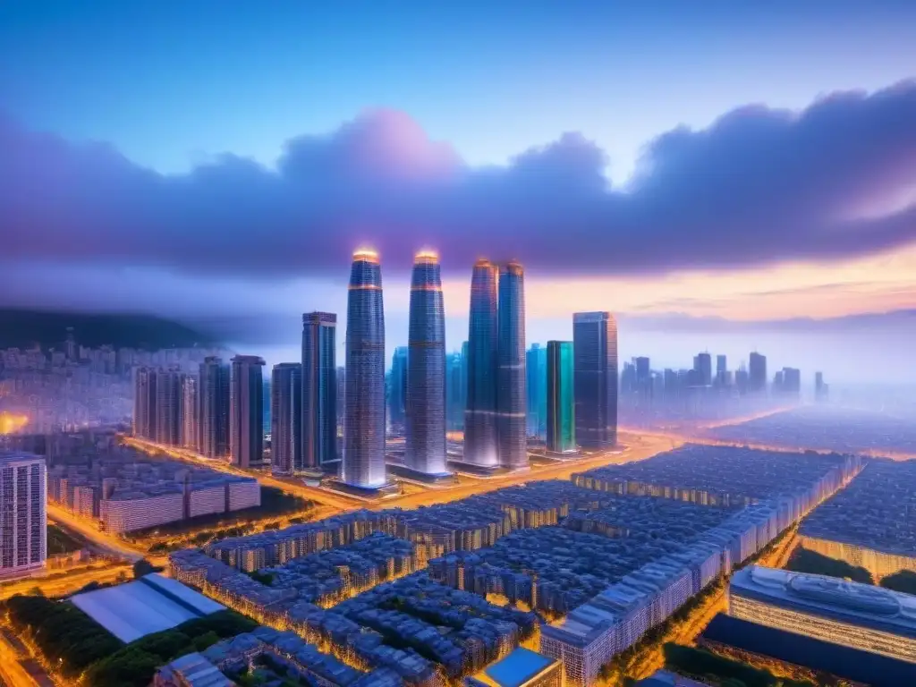 Cityscape futurista con tecnología inteligente en atardecer Vista futurista de la ciudad al anochecer con rascacielos inteligentes y tecnología PropTech en el mercado inmobiliario