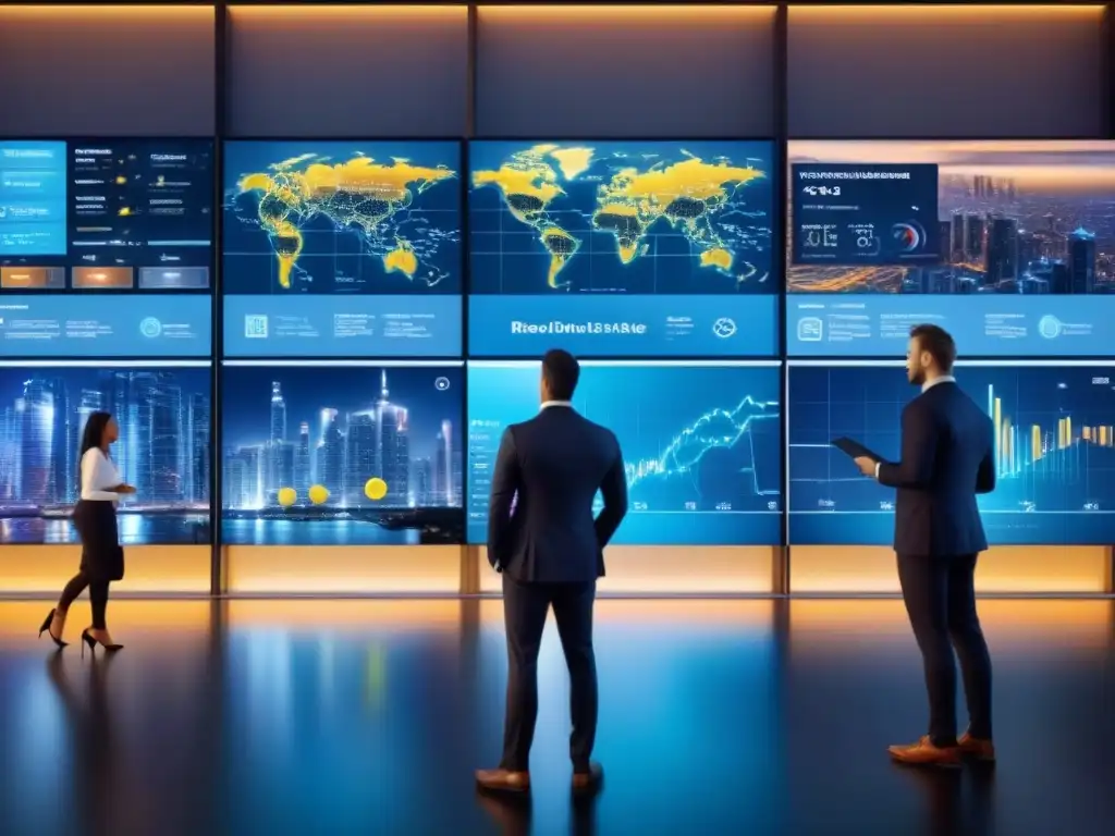 Metrópolis futurista en 8k: real estate y tecnología holográfica Vista futurista de ciudad con rascacielos, pantallas digitales y profesionales analizando gráficos holográficos, en un mapa global