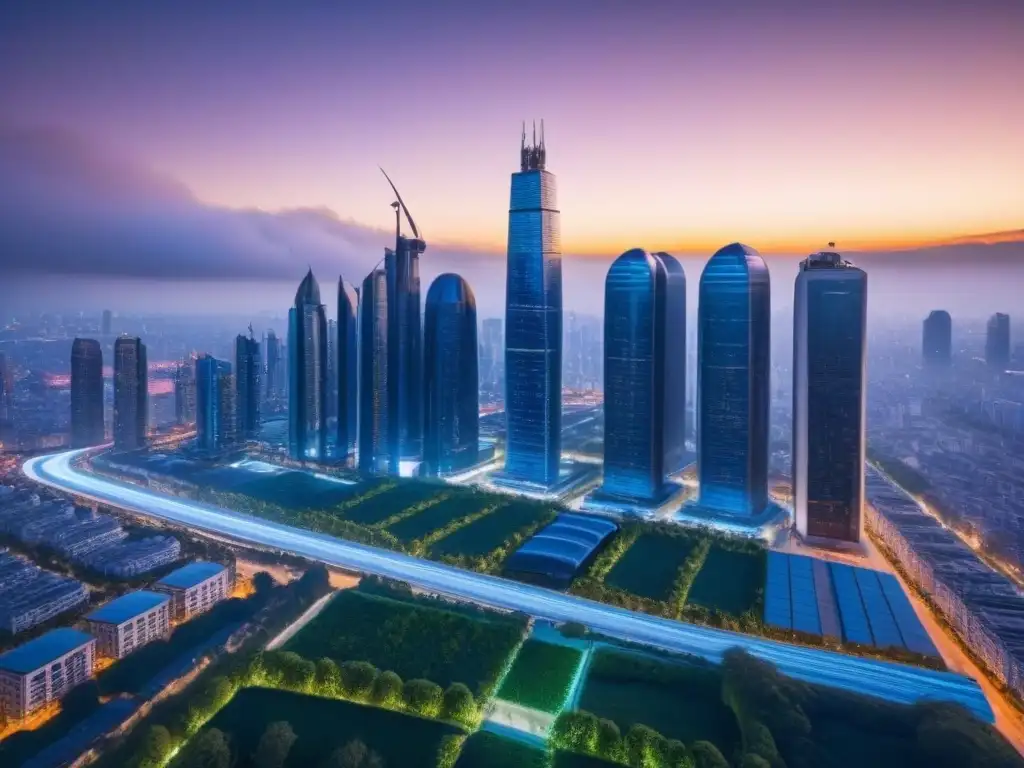 Innovación urbana: skyline futurista con tecnología verde y drones Vista futurista de la ciudad al anochecer con rascacielos innovadores y drones, reflejando las Tendencias PropTech en inversión inmobiliaria