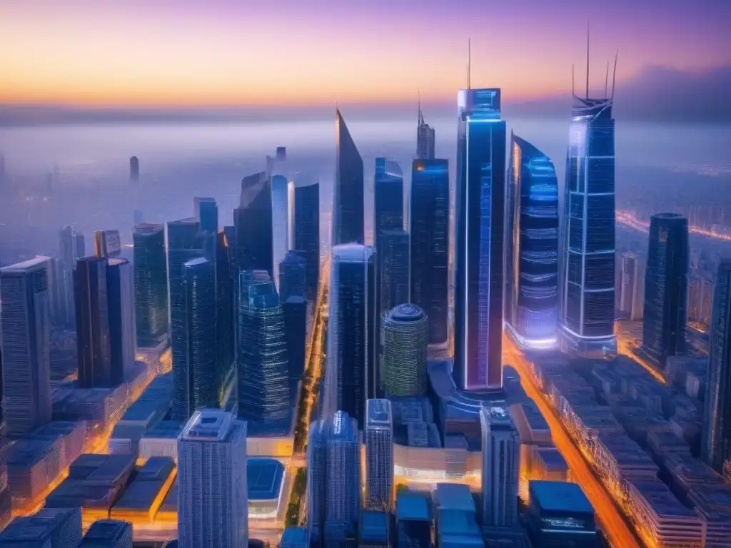 Metrópolis futurista: inversión inmobiliaria en tiempo real Vista futurista de la ciudad al anochecer, con rascacielos brillantes y vehículos autónomos