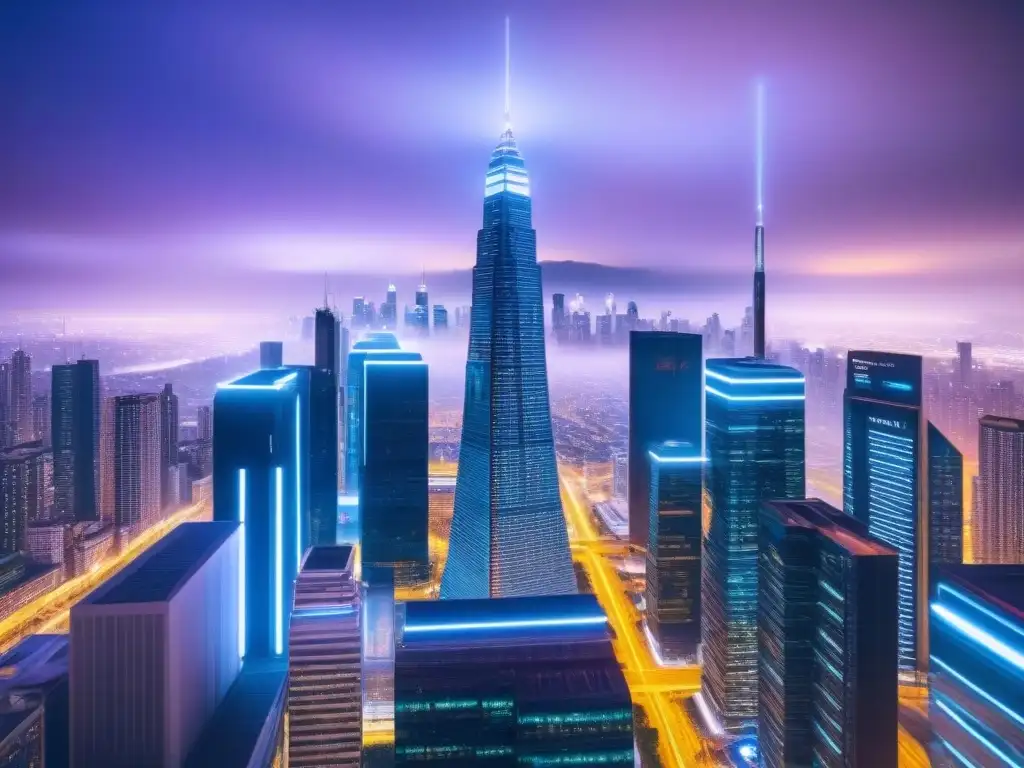 Metrópolis del futuro: blockchain en PropTech Vista futurista de ciudad con rascacielos y tecnología blockchain, integrando Plataformas PropTech en mercado inmobiliario