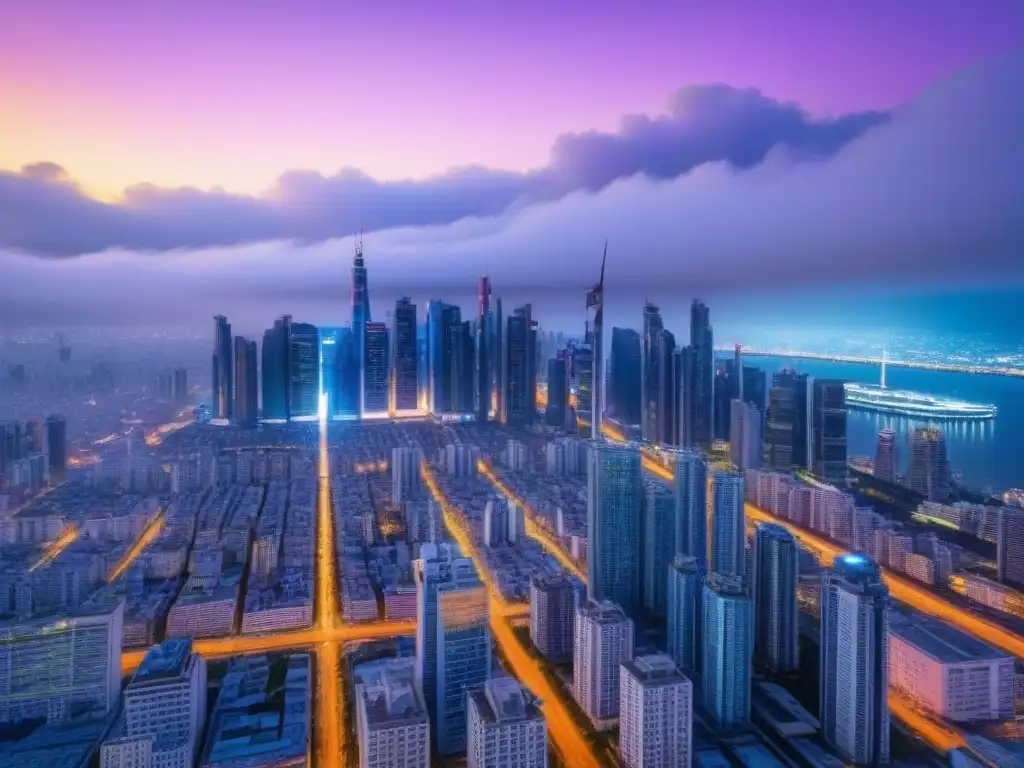 Metrópolis futurista: luces y drones en la ciudad del mañana Vista futurista de una ciudad al anochecer con rascacielos iluminados y drones, ideal para el mercado inmobiliario internacional generación Alpha
