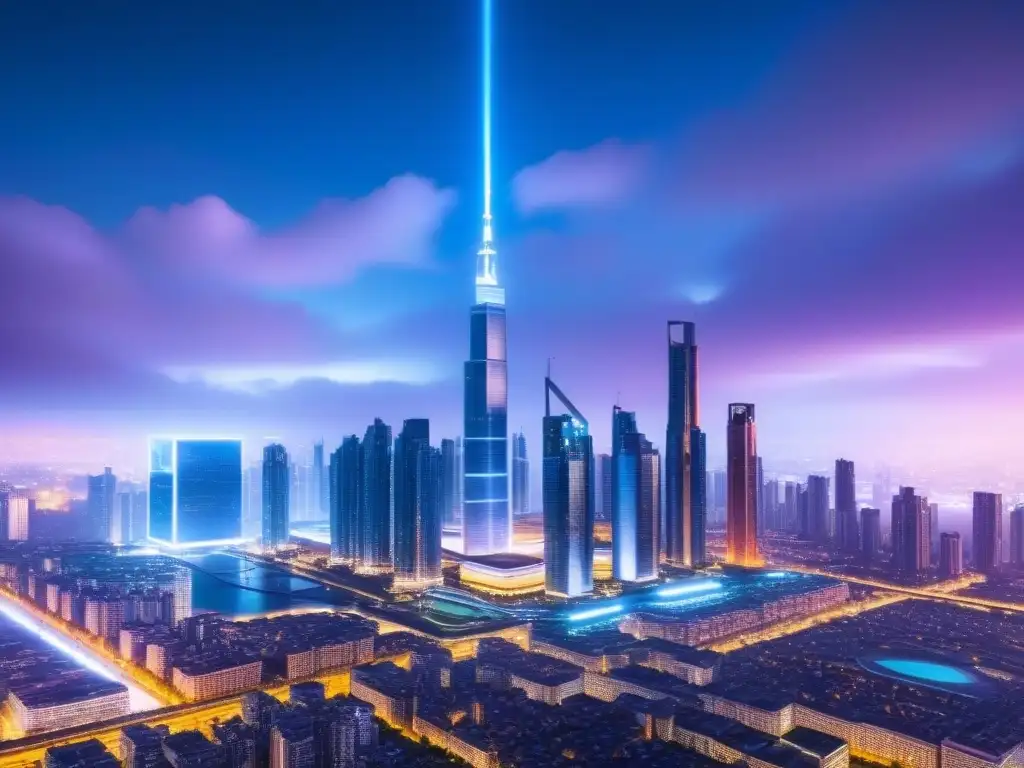 Skyline futurista con blockchain: inversión inmobiliaria internacional Vista futurista de una ciudad con redes blockchain, fusionando arquitectura y tecnología