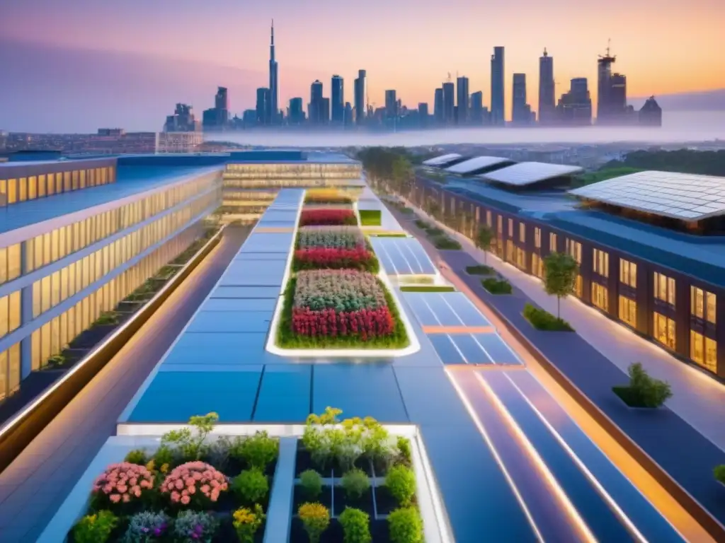 Una vista futurista de la ciudad al anochecer, con planificación sostenible y armonía entre naturaleza e infraestructura moderna