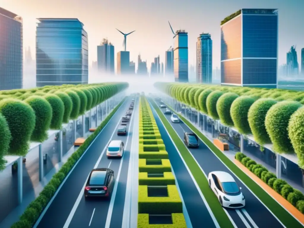 Metrópolis futurista sostenible: ciudades verdes del mañana Vista futurista de una ciudad sostenible con inversiones inmobiliarias rentables