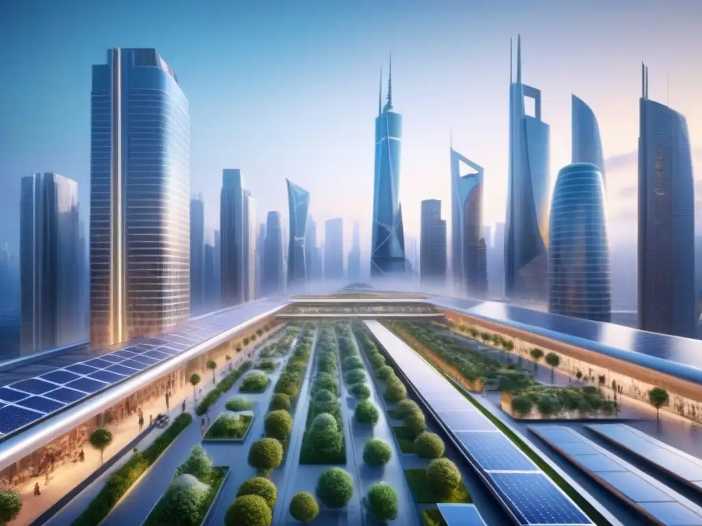 Futurismo sostenible: ciudad moderna postpandemia Vista futurista de ciudad sostenible con predicciones mercado inmobiliario postpandemia