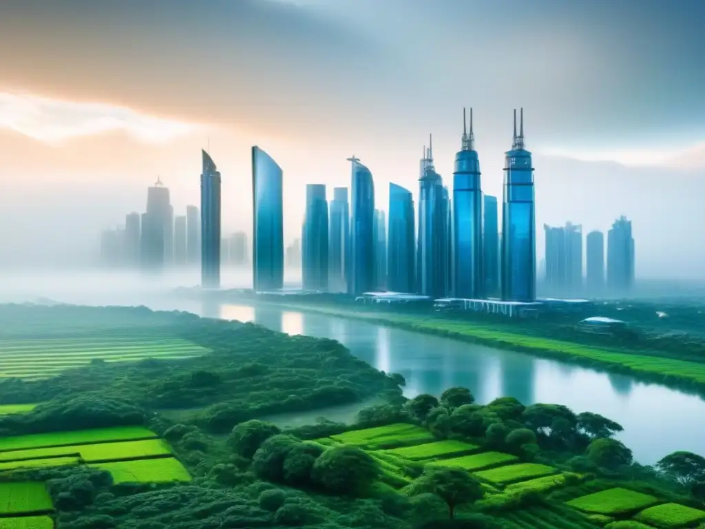 Futurista ciudad verde: arquitectura sostenible y tecnologías eco Vista futurista de ciudad sostenible con edificios verdes y tecnologías eco, impacto cambio climático mercado inmobiliario