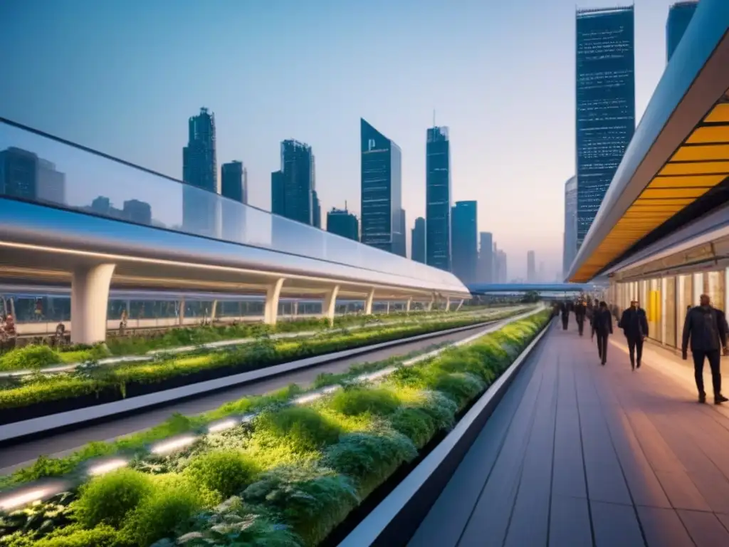 Metrópolis futurista sostenible: jardines verticales y transporte verde Vista futurista de una ciudad sostenible al atardecer, con rascacielos verdes, paneles solares, transporte público eficiente y luminarias LED