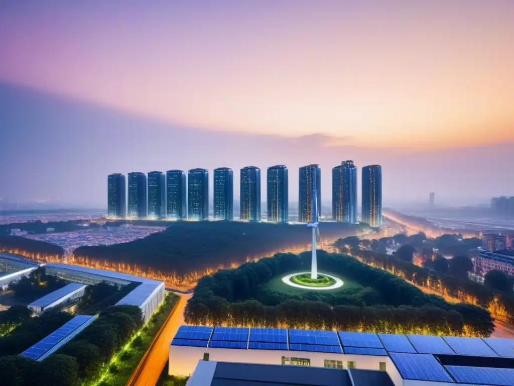 Metrópolis ecológica: rascacielos energéticamente eficientes al atardecer Vista futurista de ciudad sostenible al anochecer