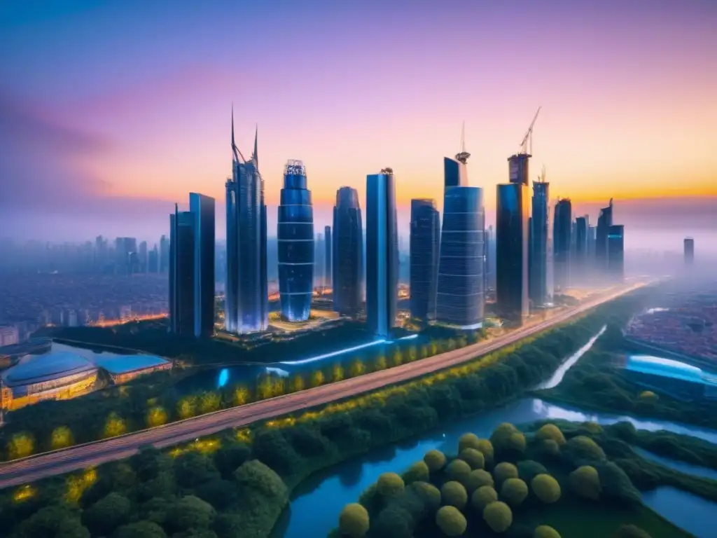 Horizonte sostenible: ciudad futurista al atardecer Vista futurista de ciudad sostenible al anochecer, con edificios innovadores y certificaciones globales construcción sostenible