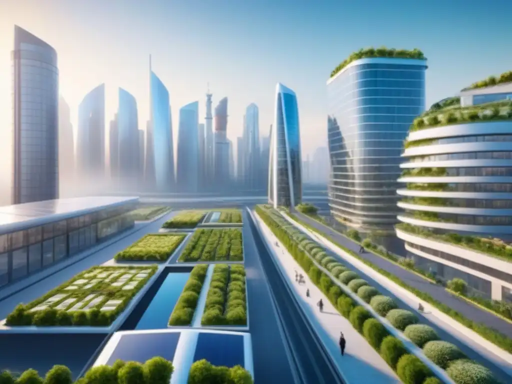 Metrópolis futurista sostenible: tecnología verde y arquitectura innovadora Vista futurista de una ciudad sostenible con certificaciones globales construcción sostenible