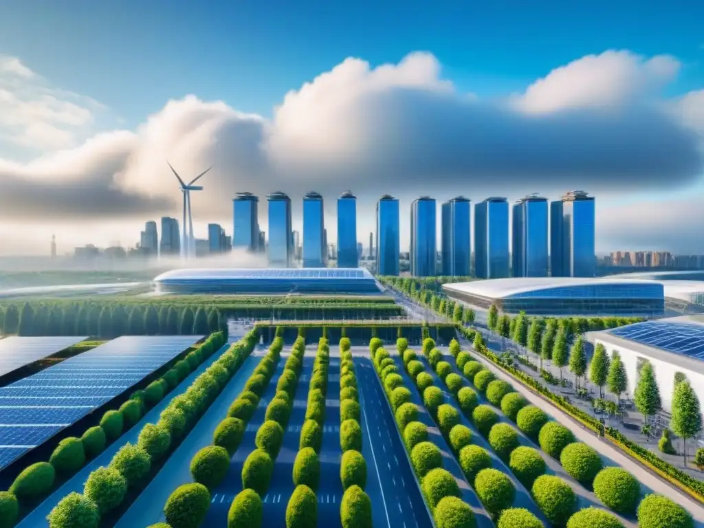 Metrópolis futurista sostenible: edificios verdes y alta tecnología Vista futurista de una ciudad sostenible con edificios verdes, jardines en azoteas y tecnología eco, bajo un cielo azul