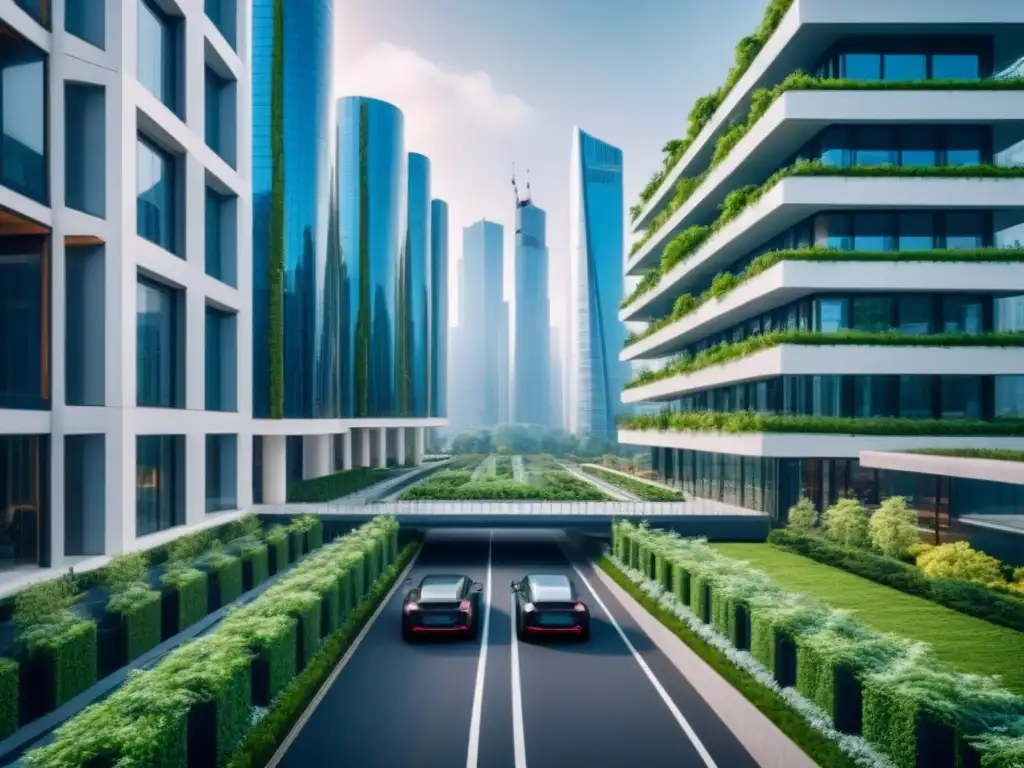 Metrópolis futurista: arquitectura sostenible en armonía con la naturaleza Vista futurista de una ciudad sostenible con edificios verdes innovadores y vehículos eléctricos