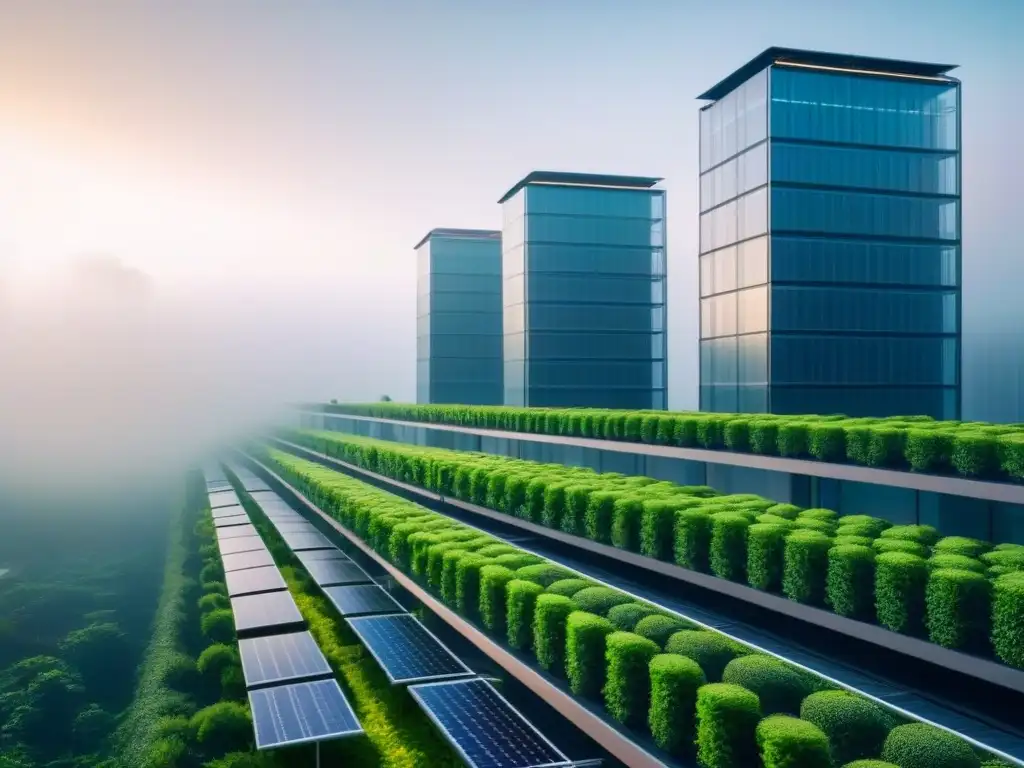 Metrópolis futurista: arquitectura verde y blockchain Vista futurista de una ciudad sostenible con tecnología blockchain, mostrando la integración de edificios verdes y modernos
