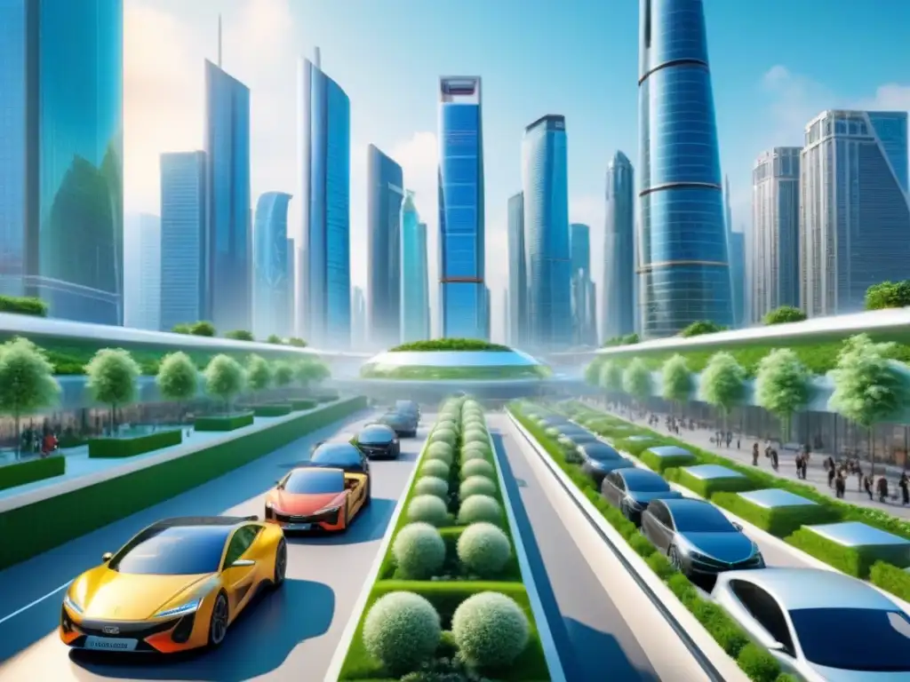Visión futurista: ciudad sostenible con rascacielos eco y movilidad verde Vista futurista de una ciudad sostenible con modernos rascacielos, jardines en azoteas y transporte ecológico