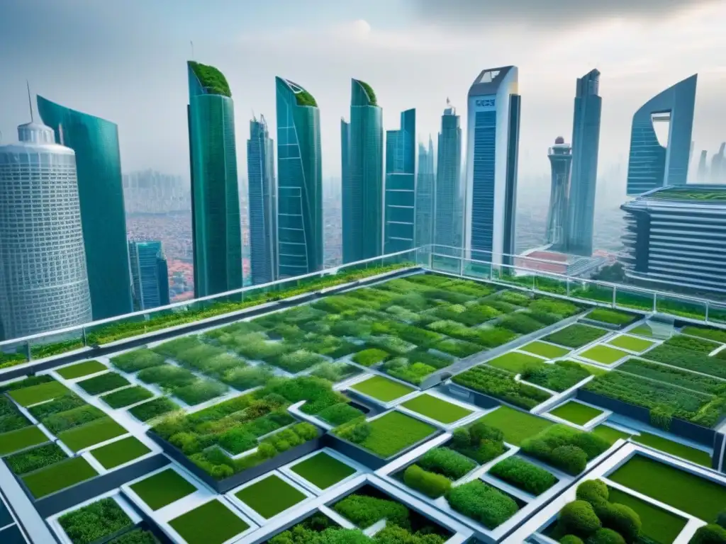 Skyline futurista con techos verdes en armonía urbana Una vista futurista de la ciudad con techos verdes en inmobiliaria internacional