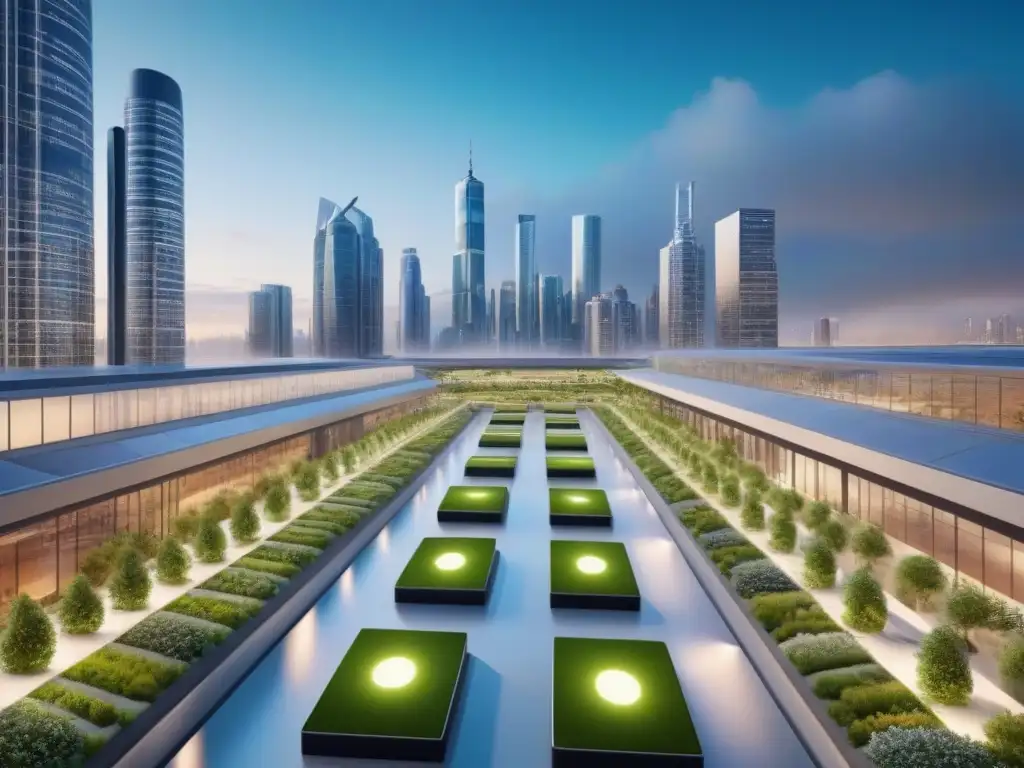 Skyline urbano futurista con tecnología innovadora en bienes raíces Vista futurista de una ciudad con tecnología en desarrollos inmobiliarios urbanos