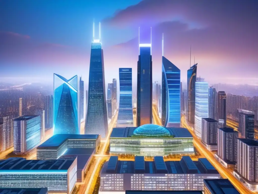 Metrópolis futurista: real estate digital en postpandemia Vista futurista de la ciudad con tecnología y mercado inmobiliario postpandemia
