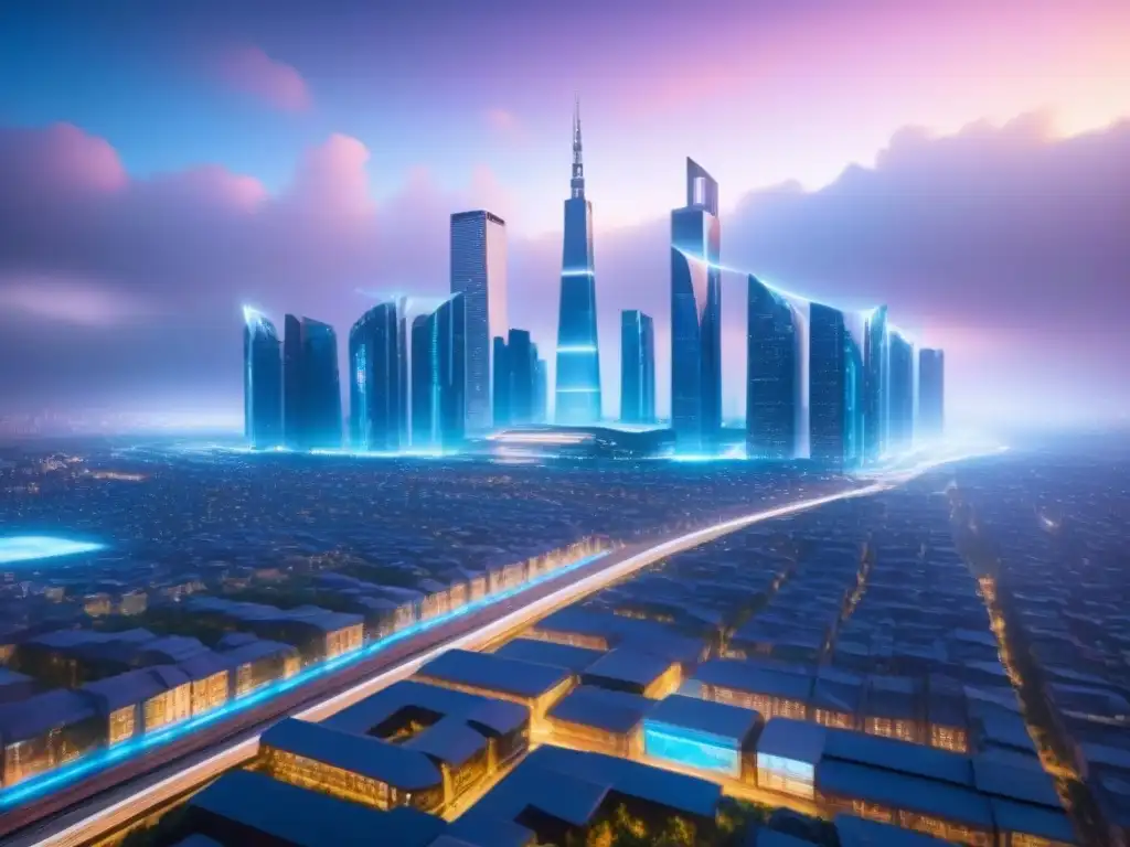 Metrópolis futurista con blockchain en la inversión inmobiliaria Vista futurista de la ciudad con tecnología blockchain en financiación de proyectos