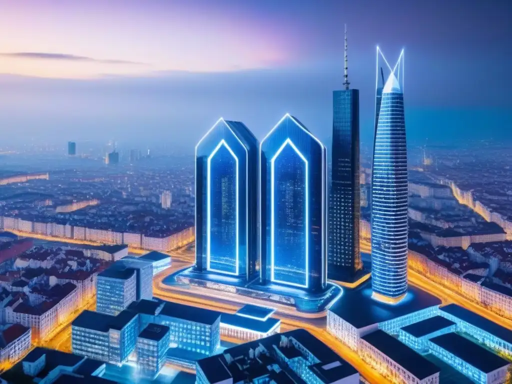 Metrópolis futurista en Europa del Este con tecnología blockchain en bienes raíces Vista futurista de una ciudad en Europa del Este con tecnología blockchain en transacciones inmobiliarias