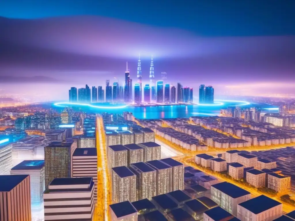Metrópolis blockchain: revolución inmobiliaria digital Vista futurista de una ciudad con tecnología blockchain en mercado inmobiliario