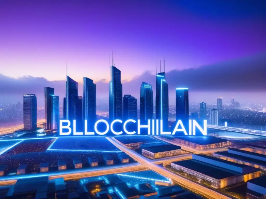 Horizonte futurista: Ciudad con blockchain y luces neón Vista futurista de una ciudad con tecnología blockchain en mercado inmobiliario internacional