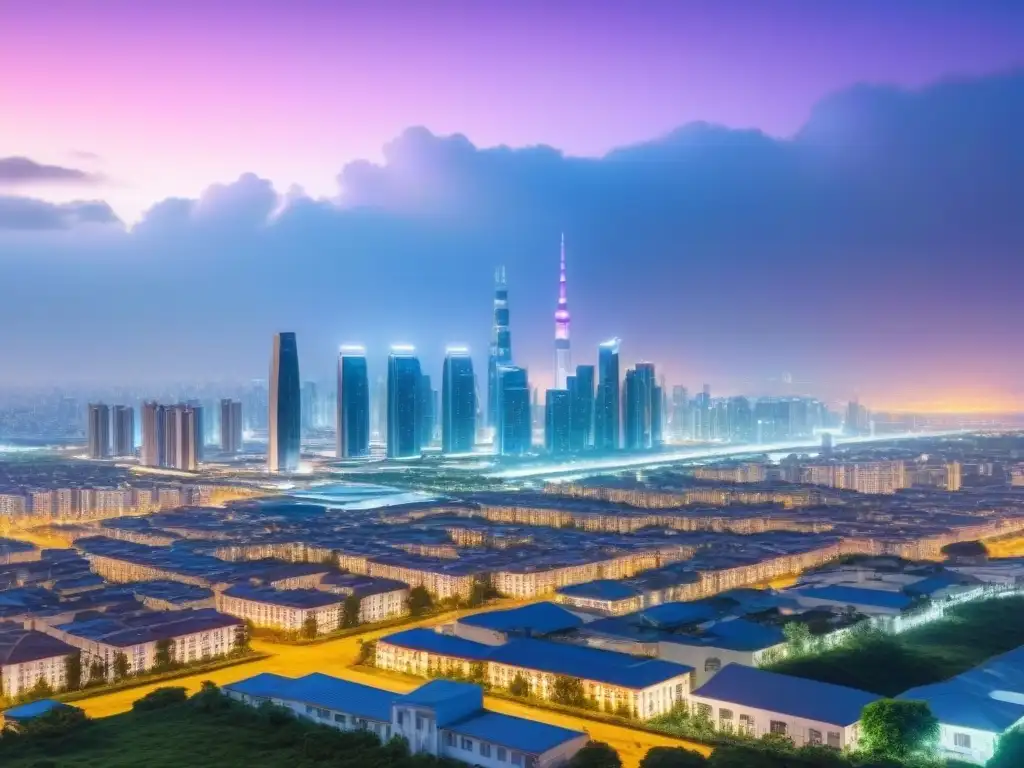 Metrópolis futurista con tecnología blockchain para préstamos inmobiliarios Vista futurista de la ciudad con tecnología Blockchain para préstamos inmobiliarios