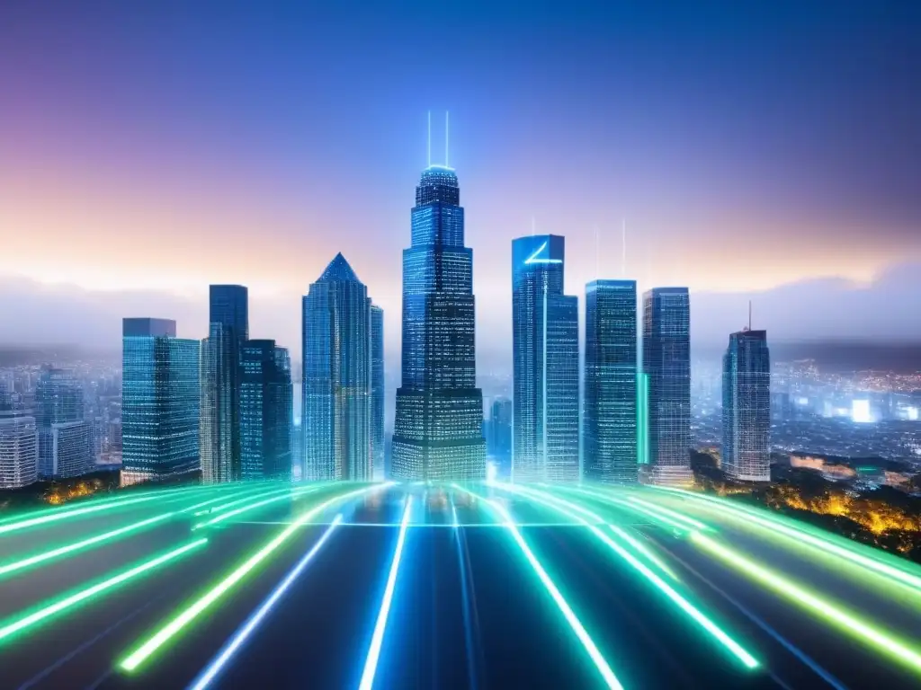 Skyline futurista: IA detecta fraudes inmobiliarios Vista futurista de una ciudad con tecnología de inteligencia artificial detectando fraudes inmobiliarios
