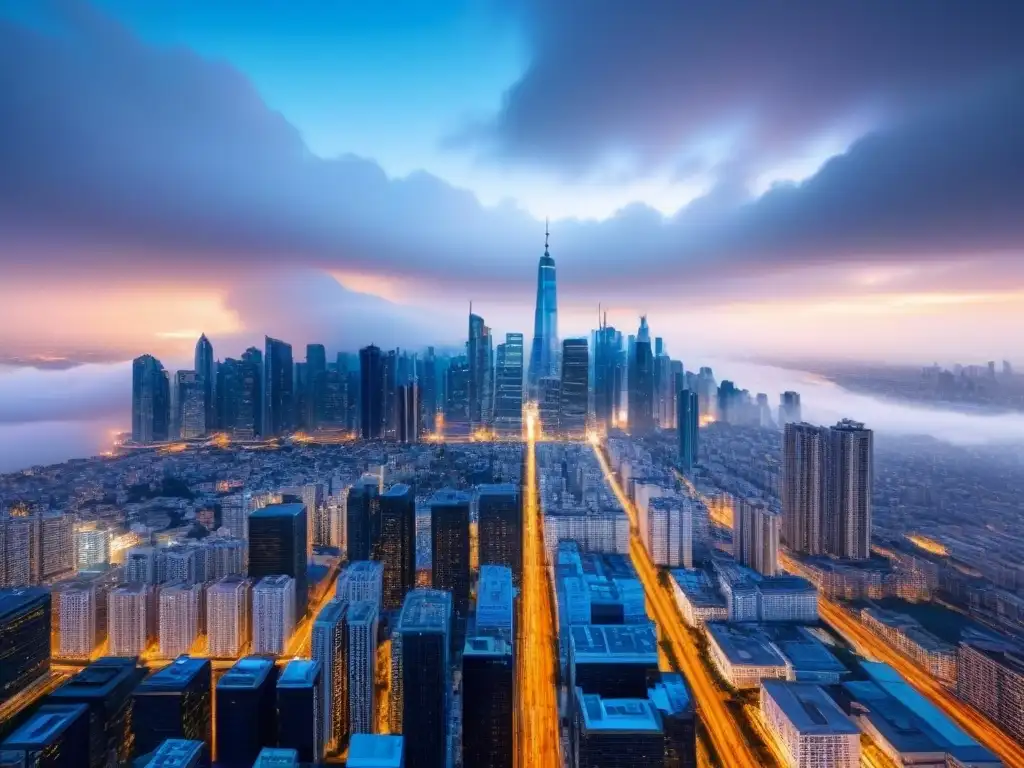 Cityscape futurista blockchain: integración tecnológica inmobiliaria Vista futurista de una ciudad integrando tecnología blockchain en mercado inmobiliario internacional